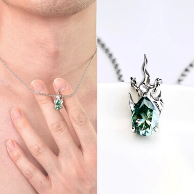 男士莫桑石925纯银吊坠火焰水滴高档D色深绿色带证礼物重工高定