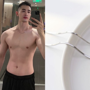 男士细款女素链简约方形盒子链蛇骨项链925纯银镀白金锁骨链潮亮