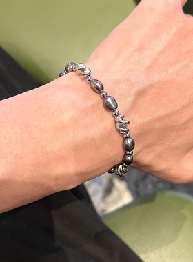 男士天然珍珠手链巴洛克大溪地色黑色深色系钛钢延长链款