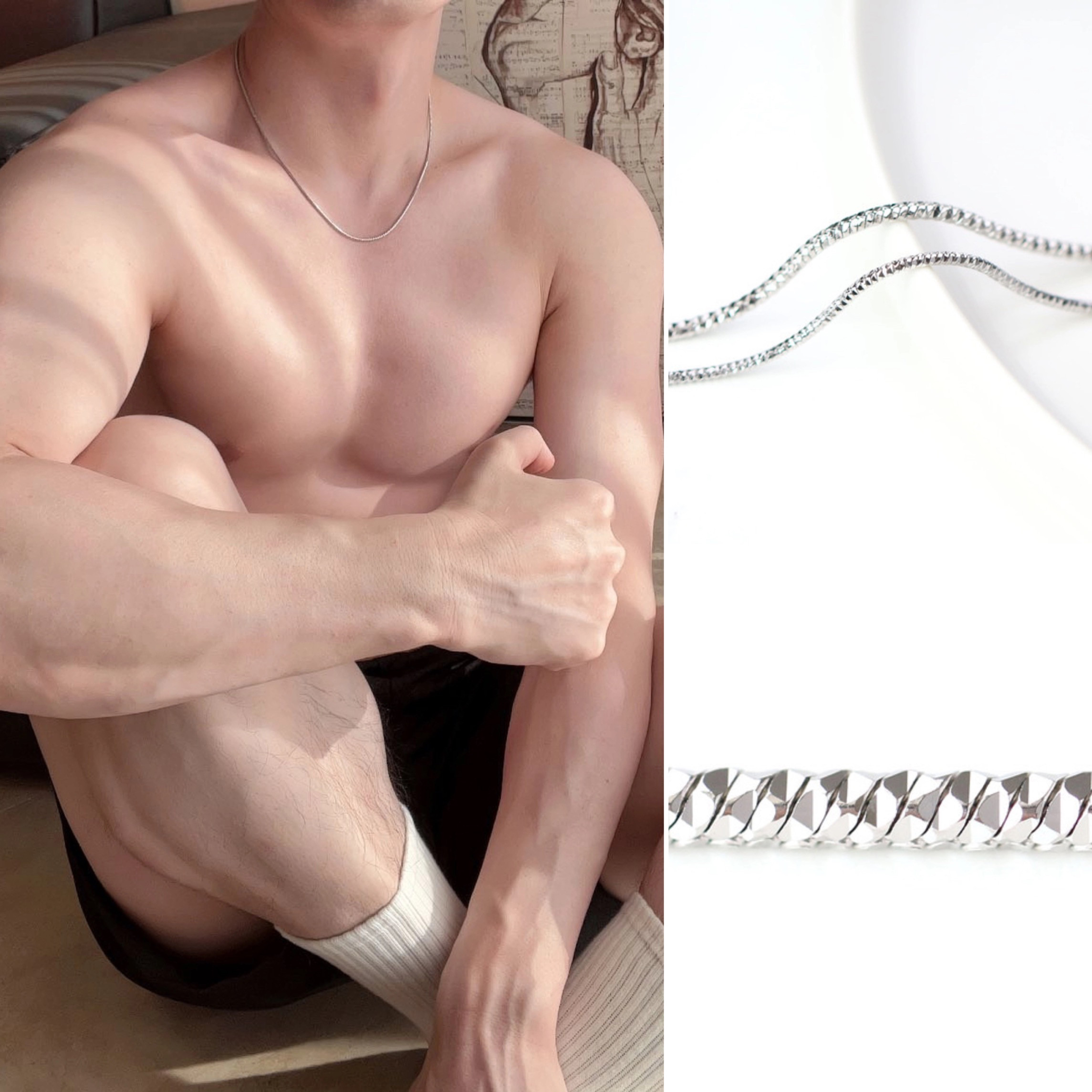 男士镜面钻石切割实心超闪928纯银锁骨项链进口蛇骨高档饰品