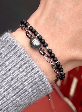 男士天然黑色系螺纹大溪地海水珍珠手链手串925纯银精工叠戴精挑