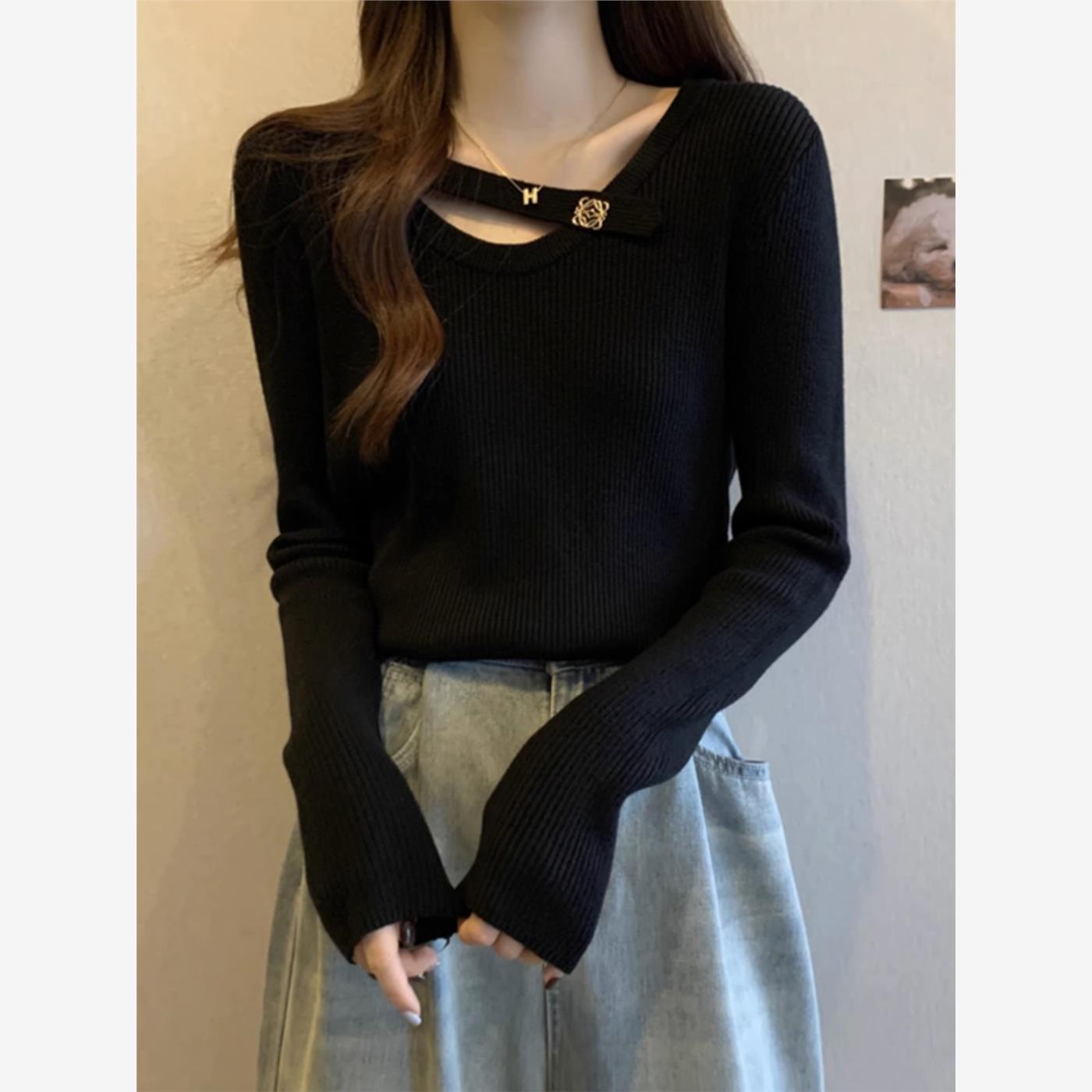 加码女性2024秋冬高底黑色针织底衬衫,肥胖毫米显瘦,覆盖腹部的