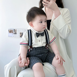 周岁礼服男宝宝背带裤套装短袖洋气绅士纯棉衬衫两件套百天婴儿服