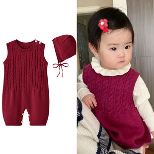 ins风婴儿秋装针织连体衣韩版男女宝宝毛衣背带裤套装百天拍照