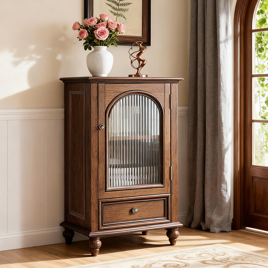 美式全实木酒柜复古展示柜欧式客厅电视边酒柜玻璃小茶水柜可定制