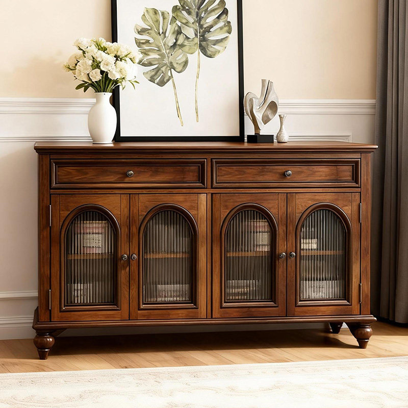 美式纯实木餐边柜复古茶水柜中古风厨房储物柜拱门酒柜靠墙玄关柜