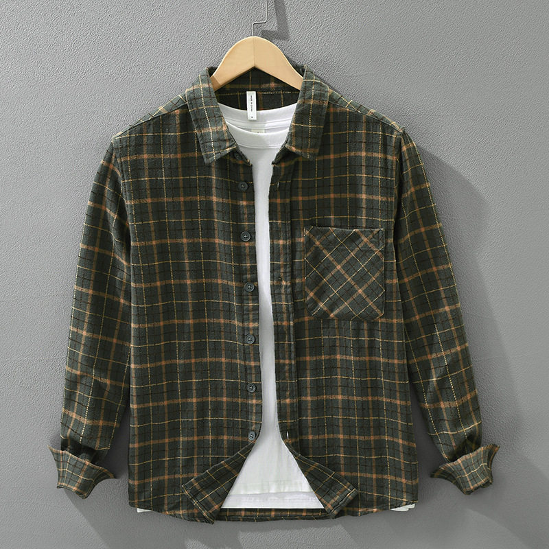 复古长袖衬衫男士潮流百搭文艺休闲宽松上衣外套秋冬翻领格子衬衣,男装,衬衫,淘宝优惠券,粉丝福利购,淘宝优惠卷