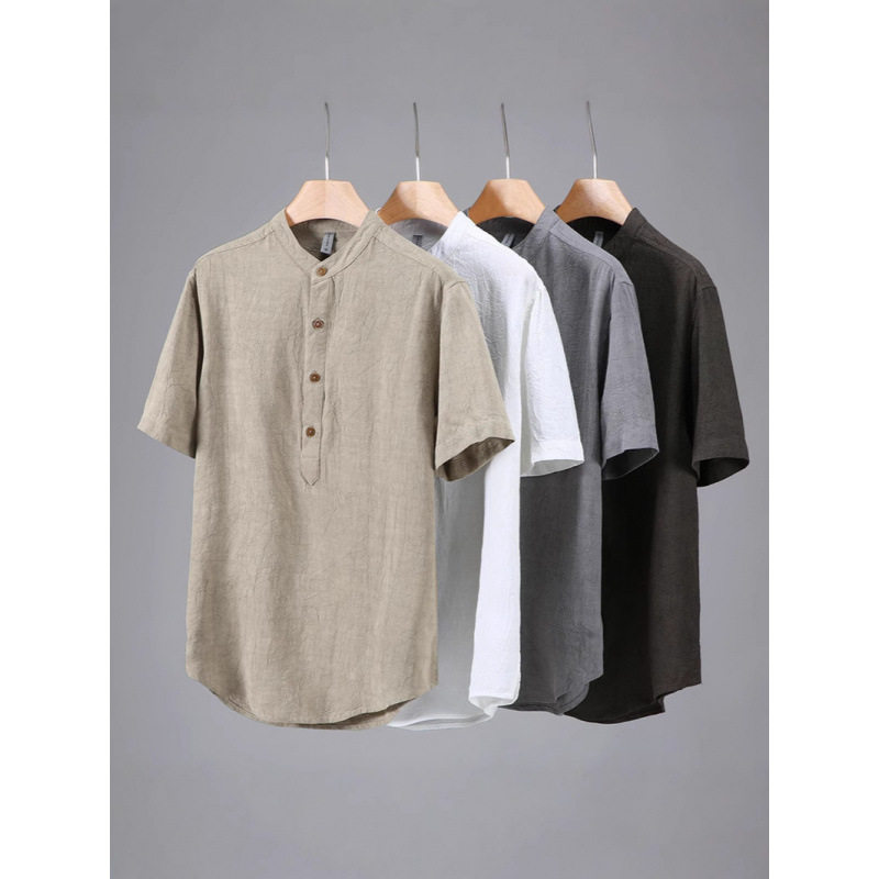 立领天丝苎麻短袖衬衫透气百搭