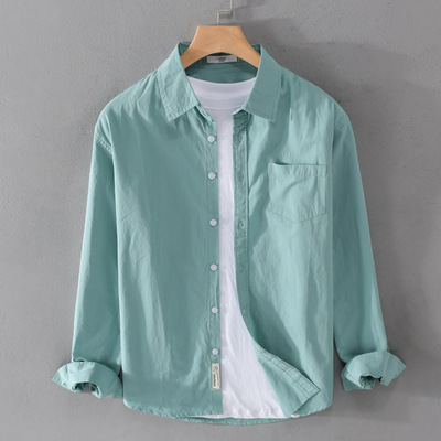 春夏季薄款纯棉长袖衬衫男青年休闲纯色寸衫日系清新简约男士衬衣