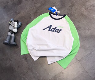 ADER女士学生t恤上衣打底衫 宽松拼接纯棉bf风撞色字母插肩男 长袖