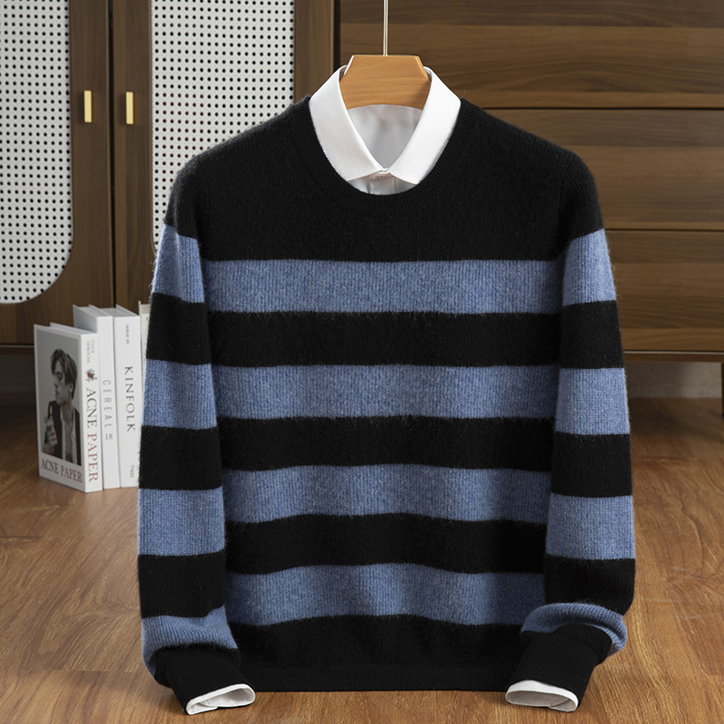 秋冬季35%羊绒休闲百搭12针元宝针条纹拼色羊绒衫男装