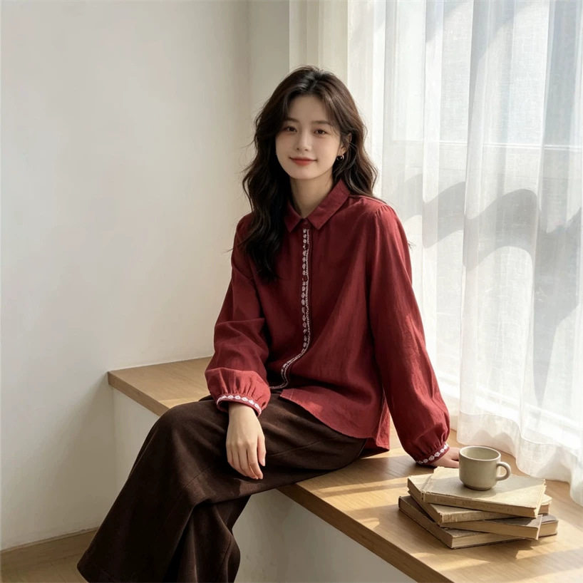 2026秋季新款 简约刺绣勾花纯棉衬衫 宽松型翻领开衫外搭上衣女款