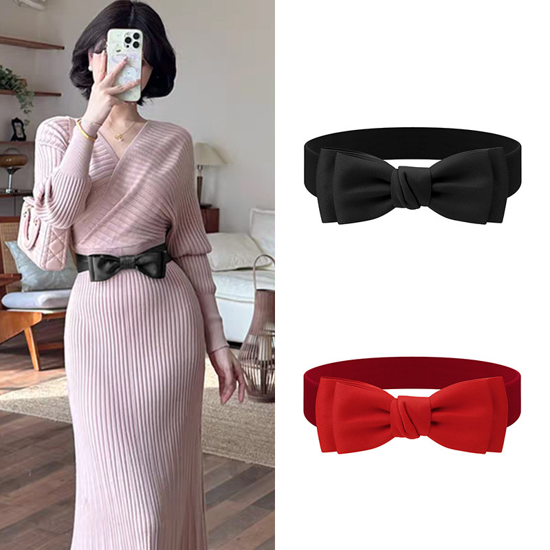 newfeona腰带女士黑色大蝴蝶结连衣裙子装饰配饰弹力松紧宽腰带