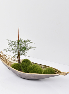 进口铝制金属树叶船型灰金长条果盘插花器摆件现代新中式玄关装饰