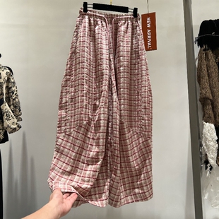 粉色高腰松紧抽绳慵懒风松弛格子裤女夏季薄款茧型宽松休闲阔腿裤