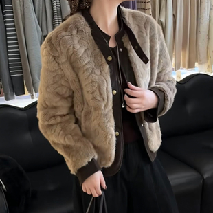 高端仿水貂毛拼皮立领皮毛一体外套女冬季加厚保暖高级感夹克大衣