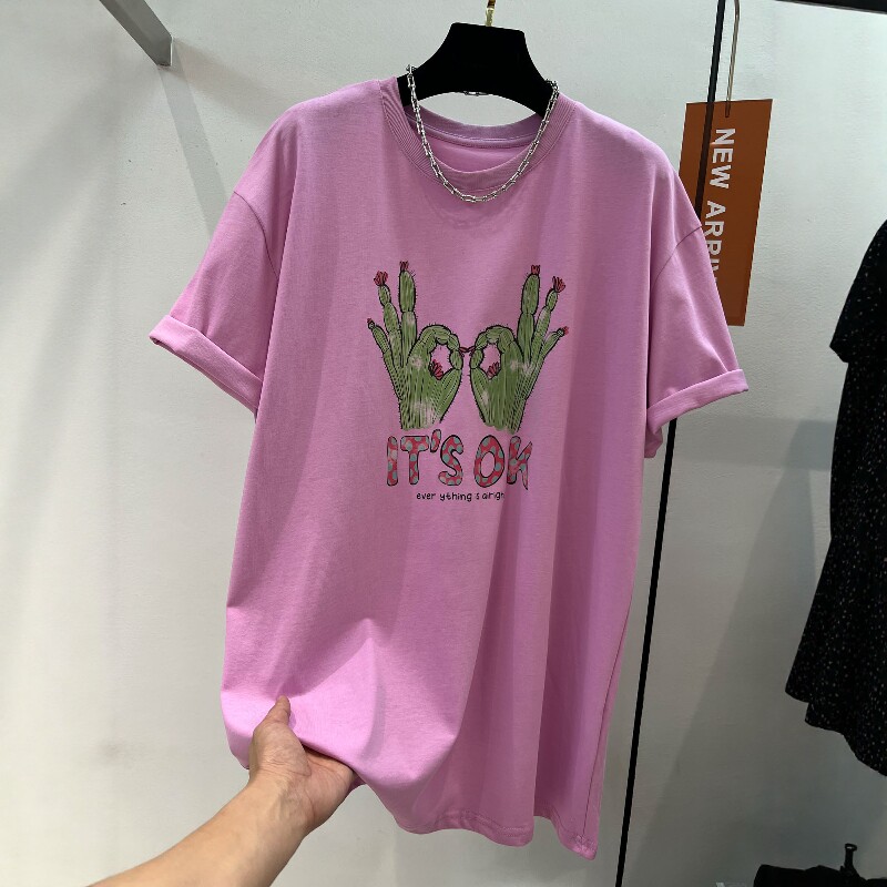 欧货高端粉色仙人掌印花短袖T恤女夏季薄款显瘦宽松休闲体恤上衣