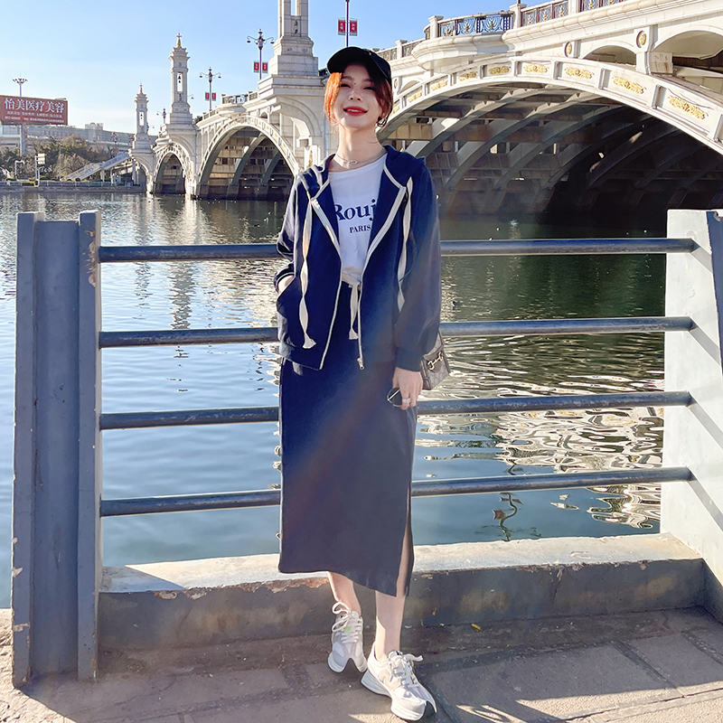 小个子高级感粉色卫衣套装女春秋季2025新款侧开叉半身卫裙套装女
