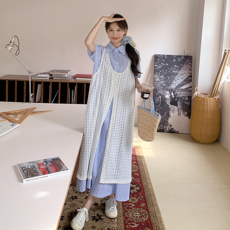 2025年夏季新款轻奢蓝色条纹衬衫连衣裙套装女宽松针织开衫两件套
