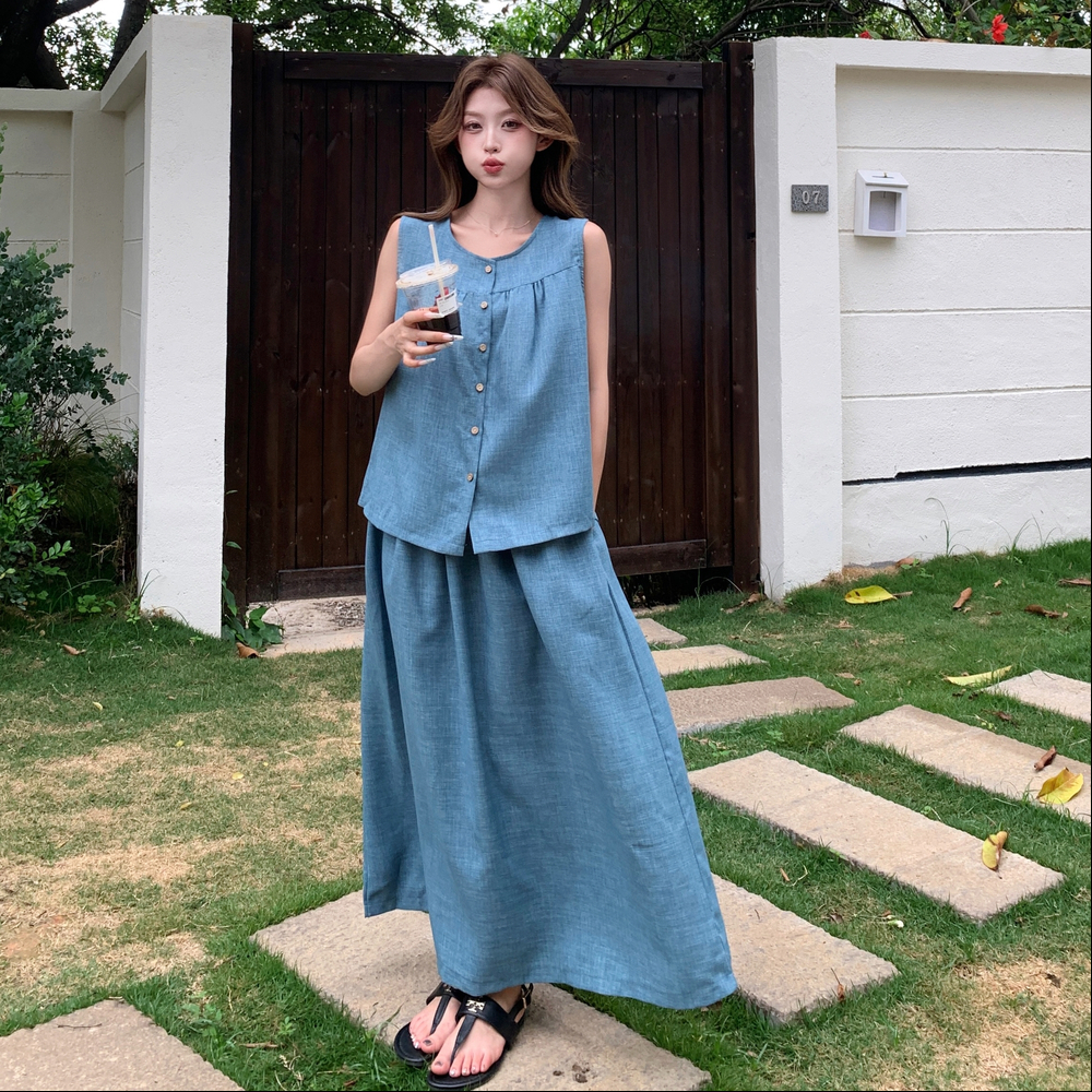 法式气质高级感蓝色套装女2025夏新款无袖背心上衣+半身裙两件套