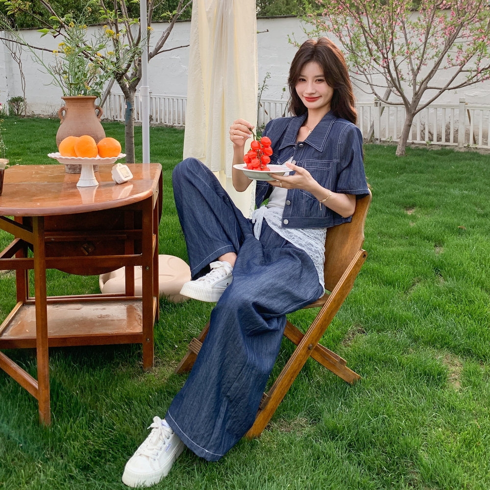 深蓝色气质牛仔三件套女2025初夏新款圆领外套蕾丝短袖阔腿裤套装