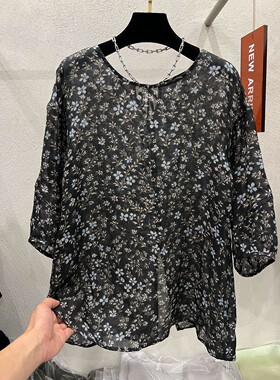 后背绑带设计碎花宽松苎麻衬衫
