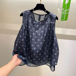 褶皱波点网纱拼接假两件天丝无袖背心衬衫女夏季减龄洋气小衫上衣