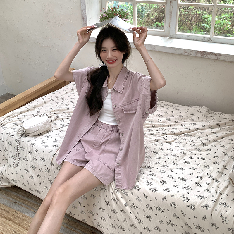 粉色复古短袖衬衫短裤两件套女2025夏新款盐系小个子薄款牛仔套装