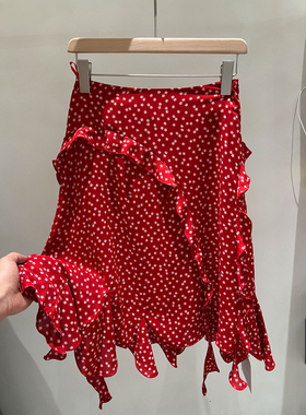 红色小碎花A字半身裙女夏季新款荷叶边不规则显瘦百搭通勤短裙子