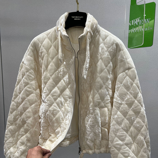 欧货立领丝绒菱格夹棉棉衣外套女冬季时髦休闲保暖宽松夹克上衣潮