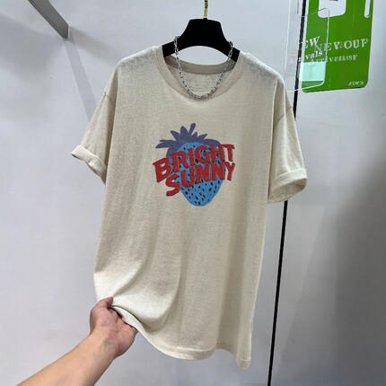 复古美式字母草莓印花天丝亚麻短袖T恤女夏薄款休闲宽松体恤上衣