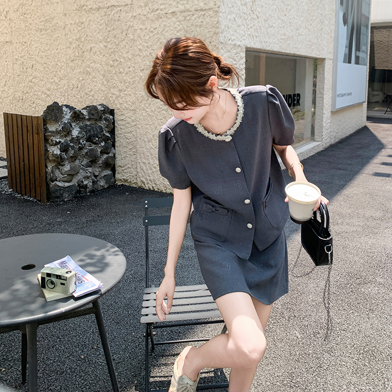 法式高级感减龄套装裙女2025夏季新款灰色休闲短袖西服外套短裙潮