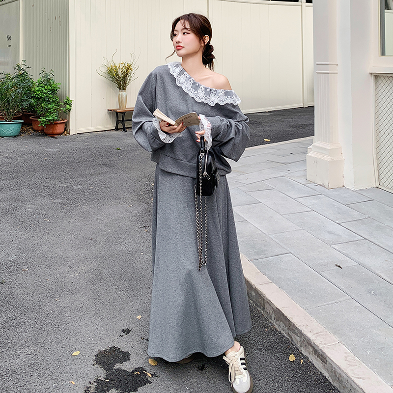 灰色露肩卫衣半身裙套装裙女设计感2025春韩系新款宽松显瘦两件套