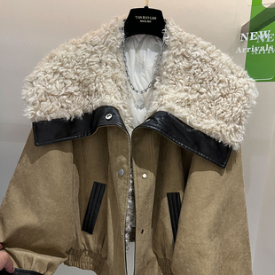 欧货高端仿羊羔毛大翻领拼皮短款派克羽绒服女冬保暖90白鹅绒外套