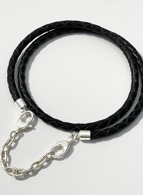 不拘S925纯银牛皮绳织项链锁骨链挂吊坠