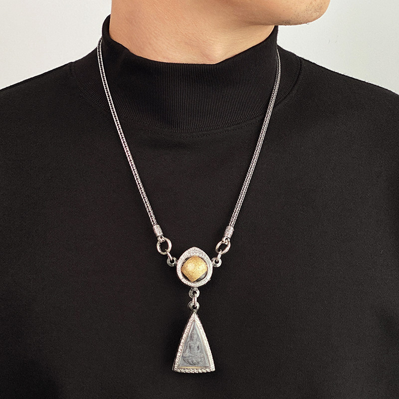 不拘S925纯银复古双扣头项链挂泰国吸钱星佛牌符管天珠双耳银链