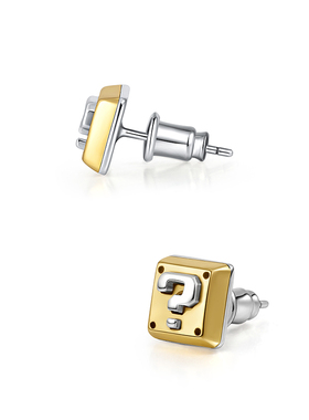 不拘方盒问号耳钉男生个性潮流S925纯银拼黄铜耳饰单只