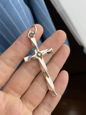 纯银金色极光十字男吊坠