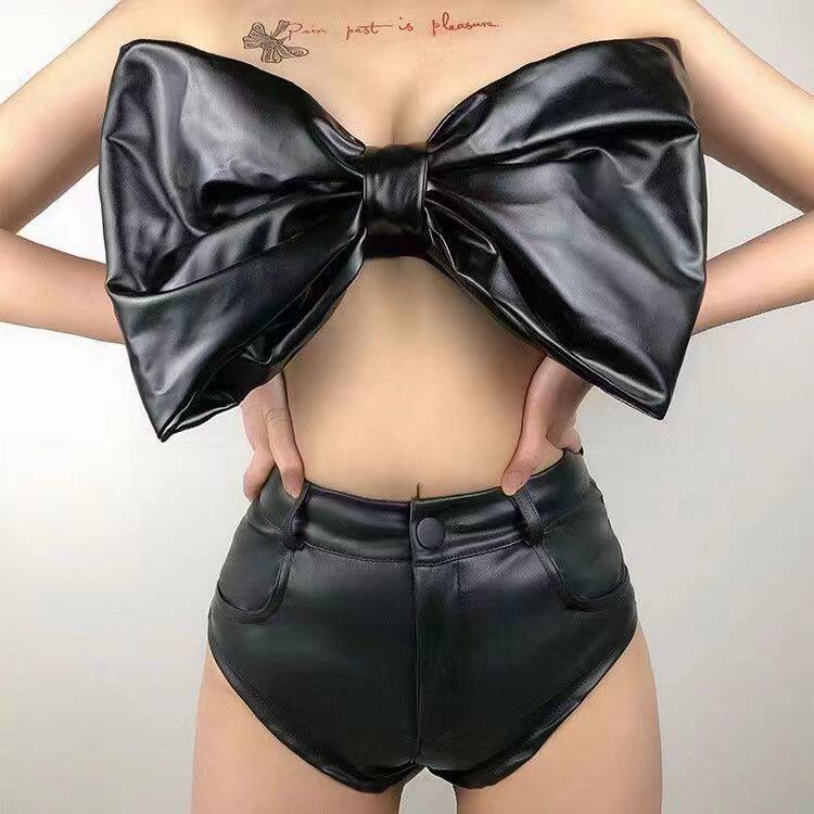 新款DS演出服大蝴蝶结夜场酒吧领舞服爵士舞性感皮黑色抹胸套装