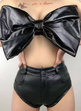 新款DS演出服大蝴蝶结夜场酒吧领舞服爵士舞性感皮黑色抹胸套装