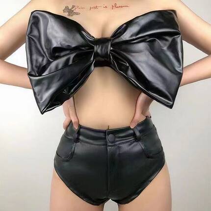 新款DS演出服大蝴蝶结夜场酒吧领舞服爵士舞性感皮黑色抹胸套装