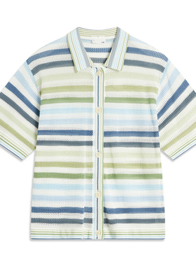 李宁短袖夏季轻薄透气女条纹撞色宽松舒适开衫编织衫AMBU146-B品