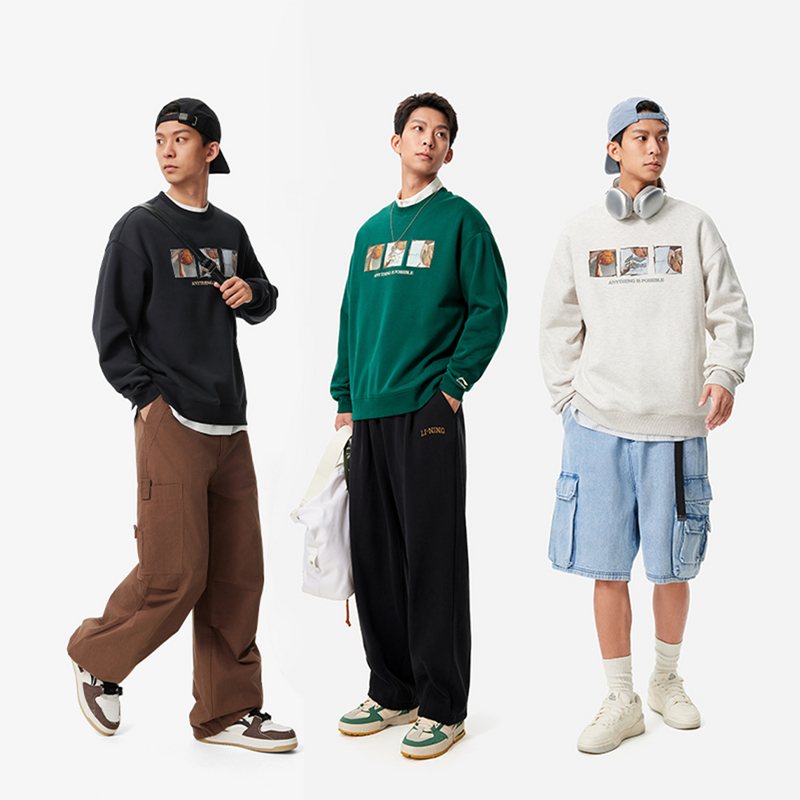 李宁正品运动时尚系列男女同款抗静电保暖宽松套头卫衣AWDUC91