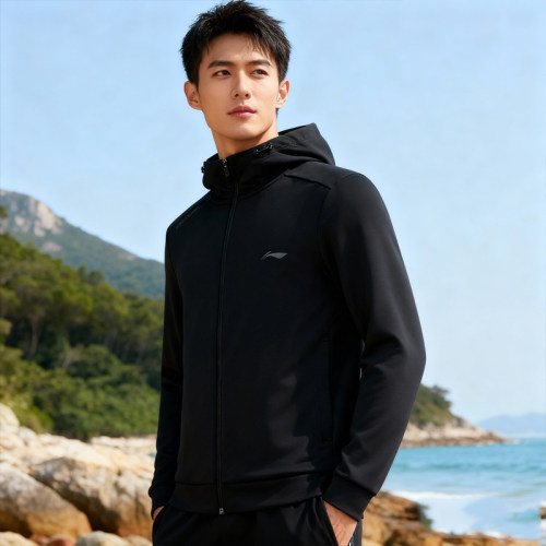 李宁卫衣春男健身系列舒适透气简约百搭常规开衫连帽卫衣AWDV125