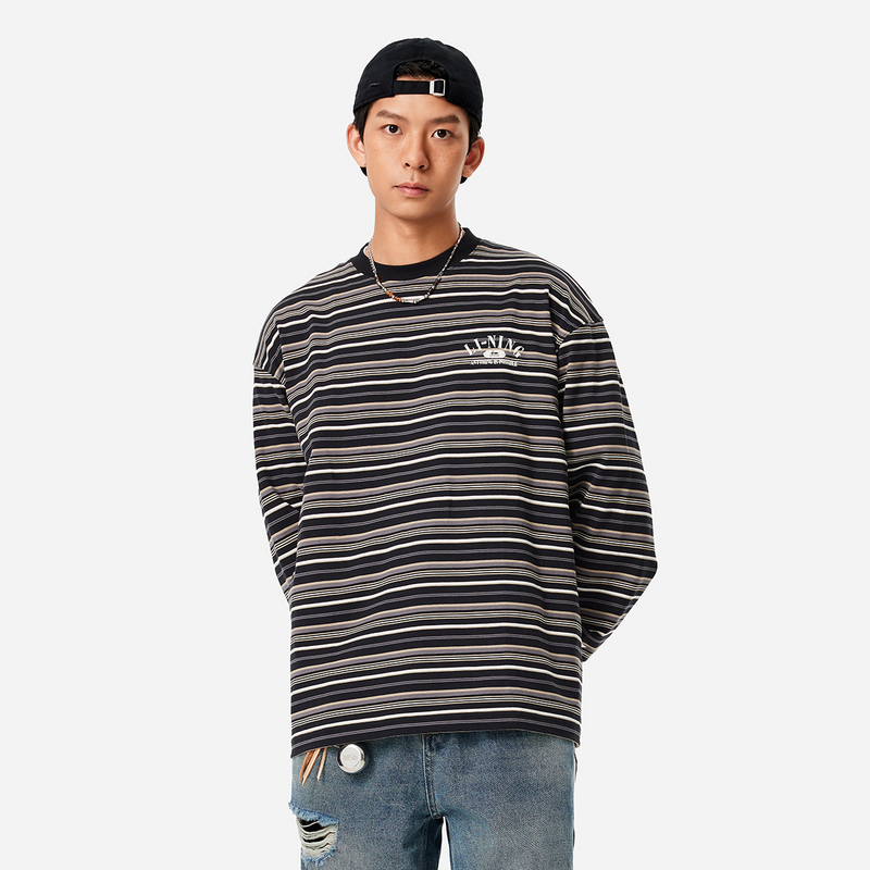 李宁长袖T恤秋男女款运动生活舒适透气宽松长袖文化衫AHSU819-B品