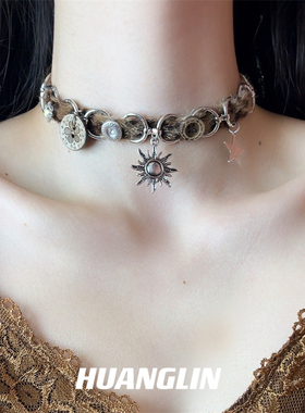 豹纹太阳花项链项圈女choker