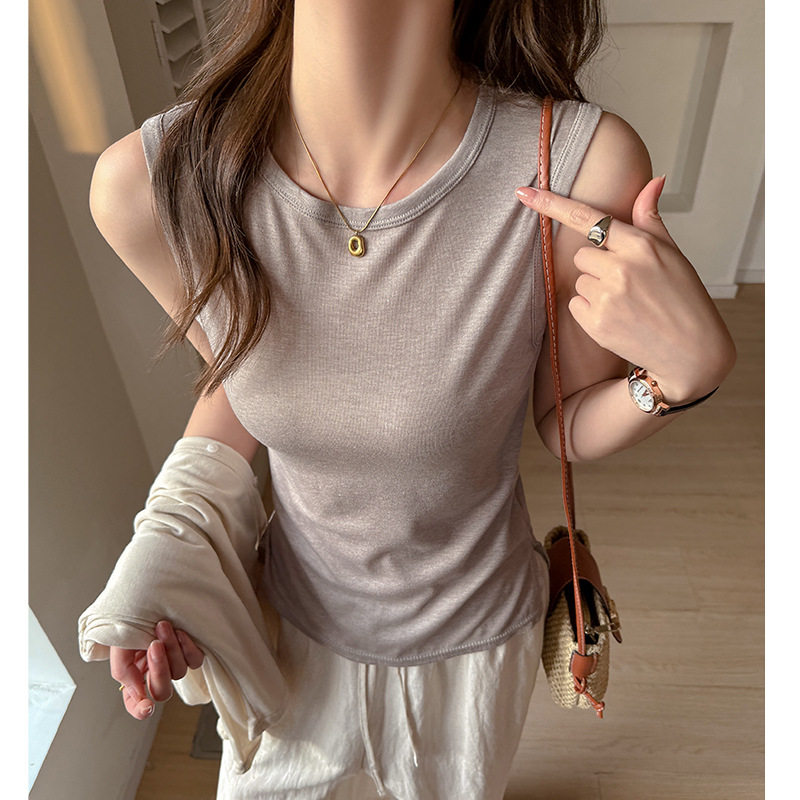 薄款侧边开叉无袖上衣女士修身显瘦内搭打底吊带小背心外穿小圆领