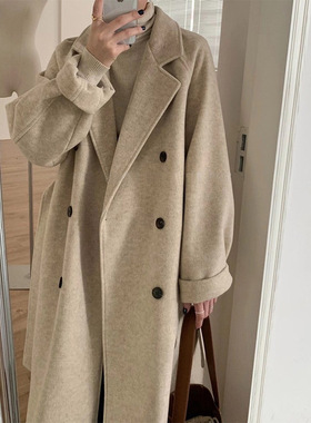 黑色毛呢大衣女中长款2025秋冬韩版赫本风双排扣女式呢子大衣外套