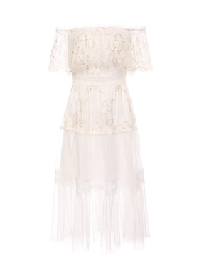 2024新款蕾丝连衣裙夏季一字肩仙女裙洋气甜美白色中长裙显瘦仙女