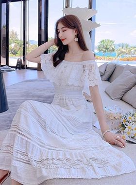 显高白色仙女夏性感露肩2024新款气质收腰显瘦A字海边度假裙